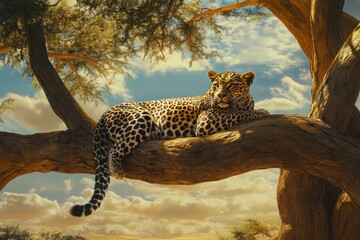 leopard resting tree branch african savanna sunset wildlife