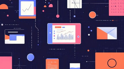 Wall Mural - abstract digital background with charts and vivid geometric shapes