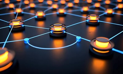Poster - Glowing Network Nodes, Connected, Abstract, Dark Background, Technology Concept