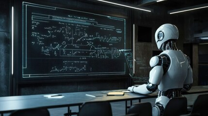 Wall Mural - robot analyzing data on digital screen in modern office setting