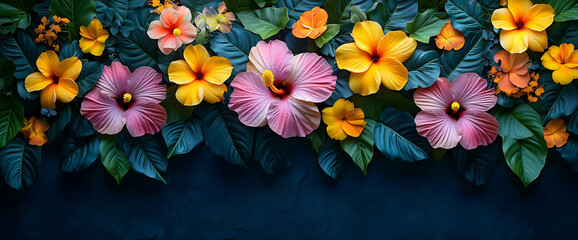 Canvas Print - Vibrant Pink Yellow Orange Hibiscus Flowers on Dark Background