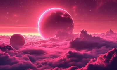 Poster - Pink alien planets rising above cloudscape