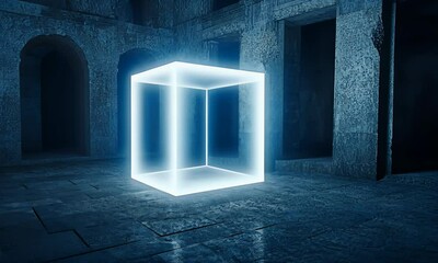 Aufkleber - Glowing Cube in Ruins, Night,  Abstract Design