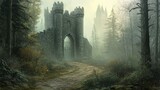 Enchanting Castle Gate in a Misty Forest Evokes Mystery and Adventure