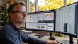 © Vader Stocker - Focused Man Working at Desk with Multiple Computer Screens Showing Data Charts