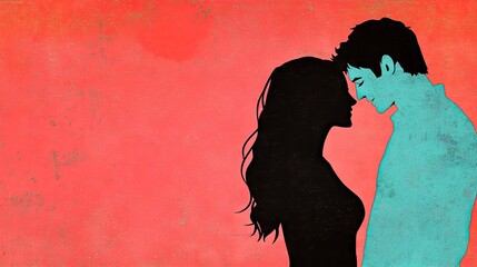 Wall Mural - Couple forehead touch, romance, red background, love, relationship illustration