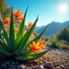 Wall Mural - Sunlit aloe plants and delicate orange blossoms set against a deep blue sky , flora, scene, green