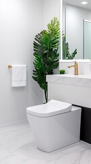 Sticker - Modern bathroom interior featuring a sleek toilet, lush greenery, and elegant fixtures