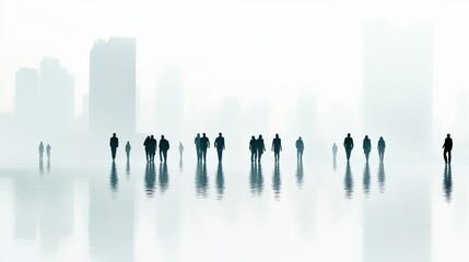 Wall Mural - Silhouettes of People Walking in a Misty Urban Landscape with Reflections on Water