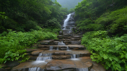 Wall Mural - Serene Waterfall Flowing Down Rocky Steps Surrounded by Lush Greenery in Misty Forest Scene