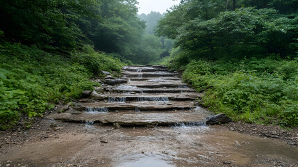 Poster - Serene Waterfall Cascading Over Stone Steps in Lush Green Forest During Foggy Daylight