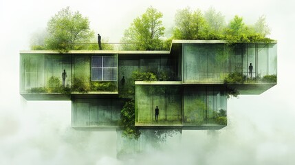 Wall Mural - Futuristic eco-friendly architecture featuring glass structures integrated with greenery and people