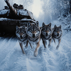 Wall Mural - group of wolfdogs running away from a tank