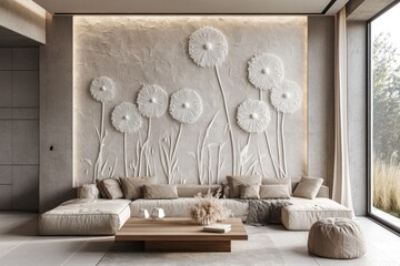 Wall Mural - Modern living room with dandelion wall art, large window, nature view