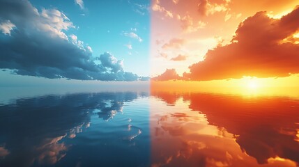 Wall Mural - Dual Sky Over Reflective Water Sun Lit Clouds and Blue Atmosphere Dynamic Weather Contrast.