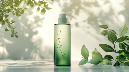 Canvas Print - Green Toned Cosmetic Spray Bottle Product With Plant Details And Natural Light In Studio Setting.