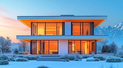 Wall Mural - Modern house with large windows glowing in sunset, surrounded by snowy landscape and mountains