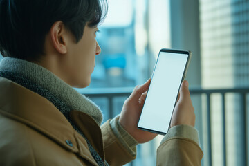 Young Asian man holding and using smartphone with blank white screen, mock up phone