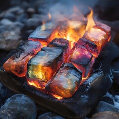 Wall Mural - A pile of ice cubes on a grill with a fire underneath