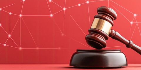 Wall Mural - A gavel rests on a base against a red background with abstract connections, symbolizing law, justice, and technology.