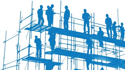 Wall Mural - Silhouettes of construction workers on scaffolding during a sunny day at a building site