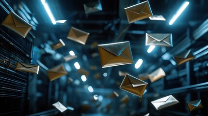 Poster - An animated scene of digital envelopes flying through the air, symbolizing fast email delivery