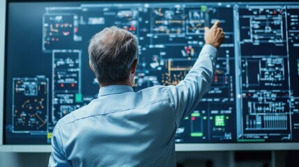 Leinwandbilder - Back view of an engineer pointing to maintenance issues on an airplane diagram displayed on a screen