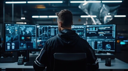Aufkleber - Back view of an engineer standing near a control panel, monitoring automated mining systems