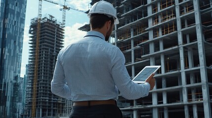Leinwandbilder - Construction engineer back view holding a tablet, monitoring the progress of a building project