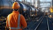 © Mrammon - Engineer worker back view standing near a locomotive, observing fuel refilling operations