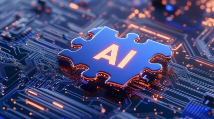 AI Puzzle Piece on Circuit Board Representing Technology Integration