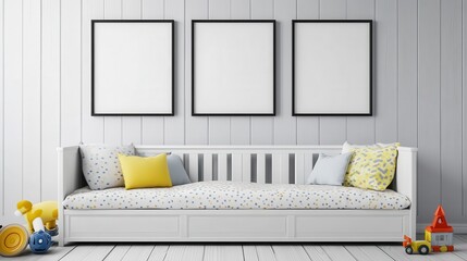 Sticker - Bright and Cozy Minimalist Child's Room with Empty Frames and Toys