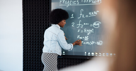 Fototapete - Education, student and woman with formula, smart board and revision for exam in classroom or online. Learning, pupil and person in university for knowledge, digital or writing for practice of physics