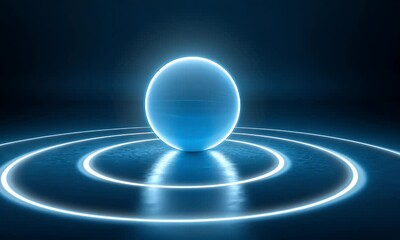 Fototapete - Glowing sphere on platform, dark background, energy