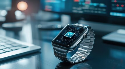 Poster - A glowing email notification on a smartwatch, with a blurred office background