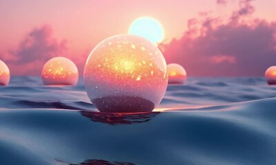 Aufkleber - Sunset ocean spheres; cosmic reflection; dreamy scene
