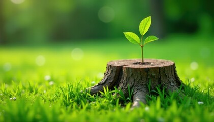 Wall Mural - Old weathered stump with young tree growing, green meadow , detail, flora