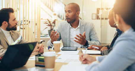 Aufkleber - Group, business people and meeting on tablet for finance, accounting or bookkeeping in agency. Team, technology and career as payroll, management and professional in corporate bank for collaboration