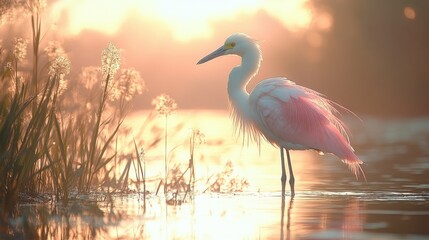 Wall Mural - Elegant pink bird wading in tranquil waters at sunset, surrounded by soft flora and serene reflections