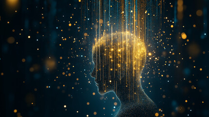 Wall Mural - illuminated mind: abstract digital art depicting a human head silhouette with golden light streams f