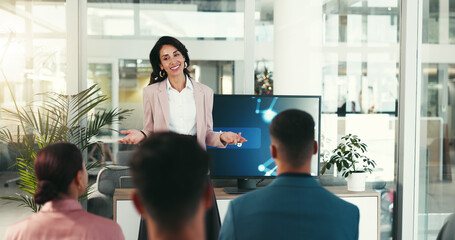 Poster - Presentation, meeting and business woman in office for conference, tradeshow and seminar. Public speaking, corporate and person at company event for digital platform, tech training and workshop