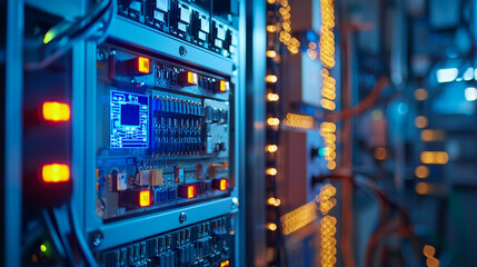 Wall Mural - high tech electrical equipment with glowing circuits and lights
