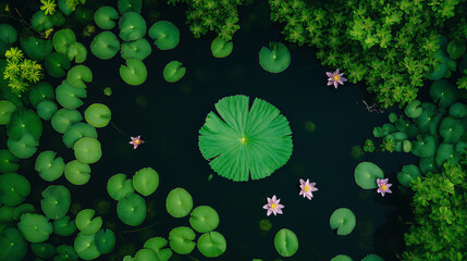 Wall Mural - lotus pond aerial view: a majestic lotus leaf reigns in the center, surrounded by a serene arrangeme