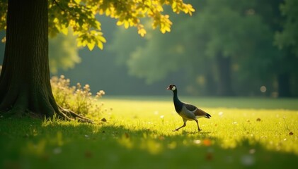 fowl stalking through a clearing with sunlight filtering through trees, , trees, leaves