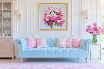 Wall Mural - Living Room Interior. Light Blue Sofa with Pillows