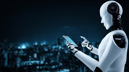 Wall Mural - internet connection controlled by ai robot huminoid and machine learning process to analyze data con