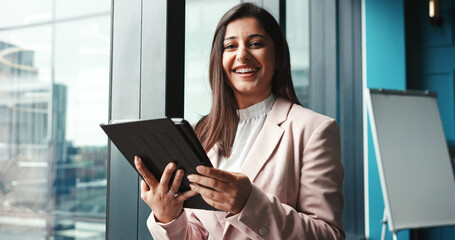 portrait, corporate and woman on tablet in office for research, planner and schedule conference. fem