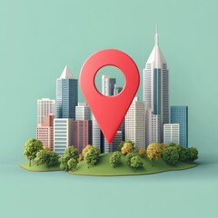 Wall Mural - red location pin over a miniature city on a green island.