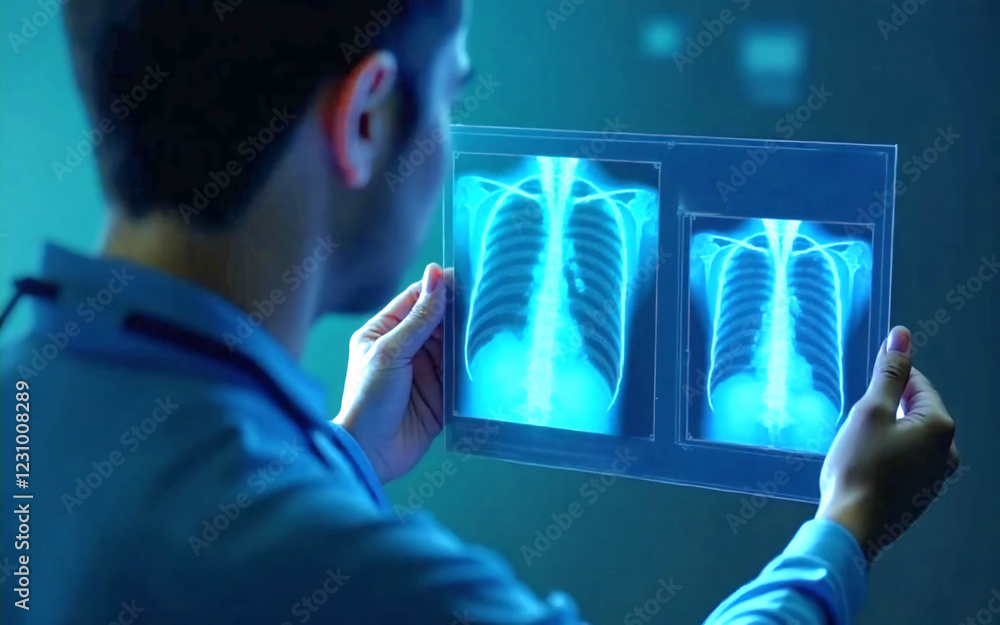 A doctor analyzing a digital X-ray with AI-powered diagnostics on a ...