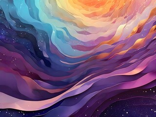 Wall Mural - A swirling composition of vibrant colors creates a sense of movement and depth, reminiscent of flowing waves. Hues of blue, purple, and orange blend seamlessly, forming an abstract representation 